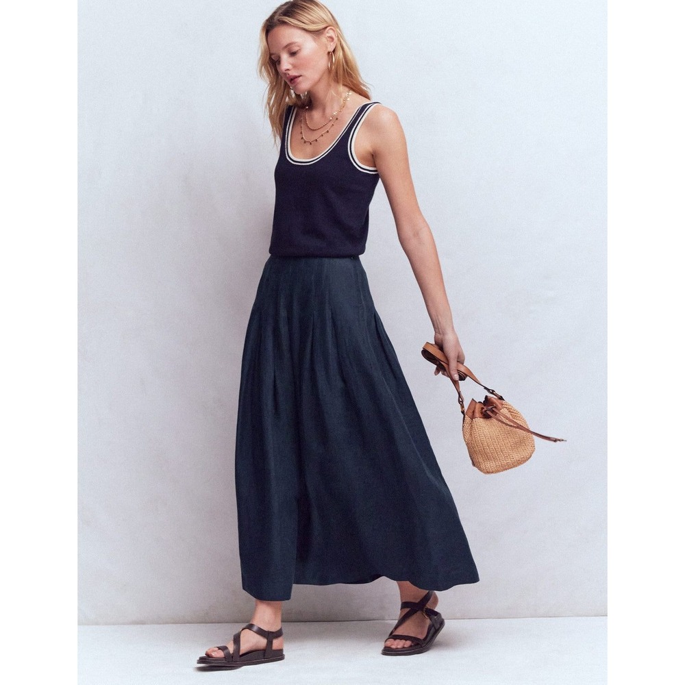Boden Valentina Navy Blue Linen Blend Pleated Midi Skirt High Waist US 4R UK 8R